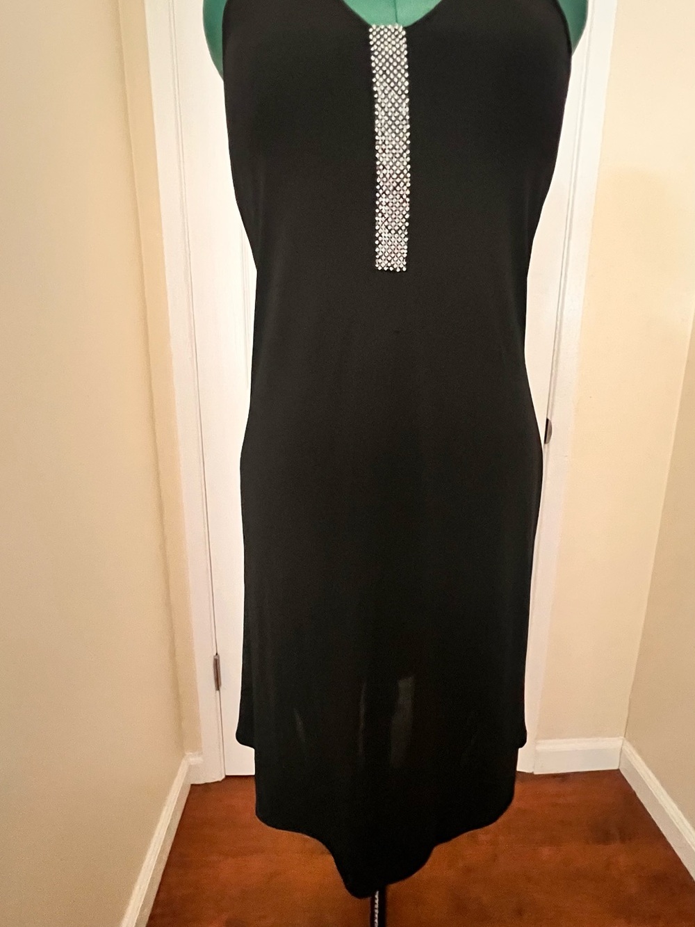 Black Sleeveless Slip Dress with Rhinestone Trim